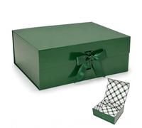 Tekhoho Grand Boîte Cadeau Vert 33.5x27x12.5 cm, Boîte Cadeau Haut de Gamme avec Couvercle Magnétique et Ruban pour Emballage Cadeau de Vacances, Mariage, Anniversaire, Doublure à Carreaux