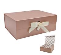 Tekhoho Grande boîte cadeau de qualité supérieure avec couvercle magnétique et ruban pour vacances, mariage, anniversaire, emballage cadeau, doublure à carreaux - Or rose - 33,5 x 27 x 12,5 cm