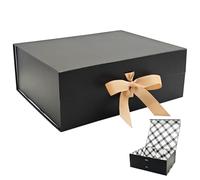 Tekhoho Grande boîte cadeau noire de qualité supérieure avec couvercle magnétique et ruban pour vacances, mariage, anniversaire, emballage cadeau, doublure à carreaux - 33,5 x 27 x 12,5 cm