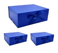 Tekhoho Lot de 3 Grand Boîte Cadeau Bleu 33.5x27x12.5cm, Boîte Cadeau Haut de Gamme avec Couvercle Magnétique pour Emballage Cadeau de Vacances, Mariage, Anniversaire, Doublure à Carreaux