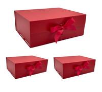 Tekhoho Lot de 3 Grand Boîte Cadeau Rouge 33.5x27x12.5 cm, Boîte Cadeau Haut de Gamme avec Couvercle Magnétique pour Emballage Cadeau de Vacances, Mariage, Anniversaire, Doublure à Carreaux
