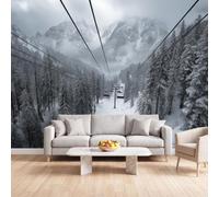 Téléphérique Câble Neige Forêt De Pins Papier Peint Intissé 250 x 175 cm | Murale Salon Noir Et Blanc Hiver Paysage pour Chambre Décoration Couloir Entrée Cuisine TV Fond Salle à Manger
