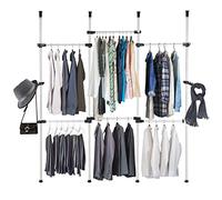 Téléscopique Barre de Penderie, Système télescopique de rangement pour vêtements avec 3 pôles, 4 barres et Crochets Latéraux, 246-320cm Hauteu et 230-330cm Largeur