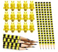 Tenare 24 Cadeaux de Papeterie Crayons d'Abeille Gommes, 24 Set | 12 Crayons en Bois Rayés, 12 Gommes en Forme d'Abeille, Cadeaux de Fin d'Année, Remplisseurs de Sacs de Noël