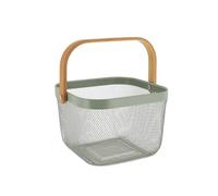 TENDANCE - Panier de Rangement Carré Métal Poignée Bambou - Kaki - Salle de Bain - Rangements