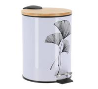 Tendance - Poubelle Ronde Métal Imprimé/Couvercle Bambou Frein de Chute 3L - Zen Gingko - Salle de Bain - Poubelles et Brosses WC