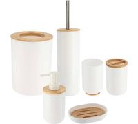 Tendance Set d'accessoires de salle de bain 6 pièces Distributeur de savon Porte-savon Gobelet pour brosse à dents Brosse à WC Poubelle blanche Plastique Bambou 7,2x7,2x16 cm