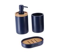 Tendance - Set Gobelet Distributeur à Savon et Porte Savon Polyrésine - Bleu Marine/Bambou - Salle de Bain - Accessoire Salle de Bain à Poser