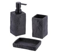 Tendance - Set Gobelet Distributeur à Savon et Porte Savon Polyrésine Effet Pierre - Noir - Salle de Bain - Accessoire Salle de Bain à Poser