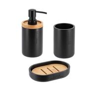Tendance - Set Gobelet Distributeur à Savon et Porte Savon Polyrésine - Noir/Bambou - Salle de Bain - Accessoire Salle de Bain à Poser