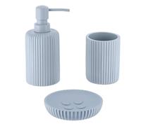 Tendance - Set Gobelet Distributeur à Savon et Porte Savon Polyrésine Striée - Bleu Clair - Salle de Bain - Accessoire Salle de Bain à Poser