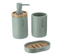 Tendance - Set Gobelet Distributeur à Savon et Porte Savon Polyrésine - Vert Eucalyptus/Bambou - Salle de Bain - Accessoire Salle de Bain à Poser