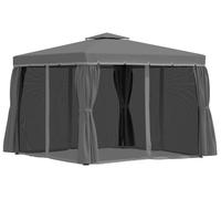 Tente de réception avec double toit - Pavillon de jardin - 4 panneaux latéraux - Moustiquaire intégrée - Résistant aux intempéries - Aluminium et polyester - Gris foncé