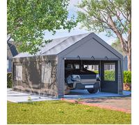 Tente Garage 6 x 4 m, Carport Abri de Voiture Extérieur avec Porte Roulant et Fenêtres, Parois Latérales Amovibles pour Bateau, Gris