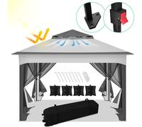 Tente pliante Hengda Pavillon Pop-up 3,3 x 3,3 x 2,7 m, avec parasol, moustiquaire, sac de transport, sacs de sable, protection UV et double toit avec ouverture d'aération, gris