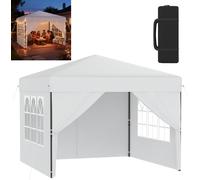 Tente pliante XMTECH Pop-Up Pavillon 2,5 x 2,5 m, imperméable et protection UV, montage rapide à l'aide d'un seul bouton, hauteur réglable sur 3 niveaux, blanche (avec parois latérales)