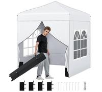 Tente pop-up COSTWAY 2 x 2 m, pavillon de jardin avec parois latérales amovibles, armature métallique, fenêtres, 4 sacs de sable et sac de transport à roulettes, pavillon pliable blanc