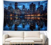Tenture Murale architecture nocturne de la ville 180x235 cm, Tapisserie Murale New York Polyester Infroissable, Décoration Chambre, Salon et Maison