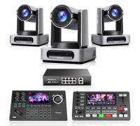 Tenveo Kit de Caméra PTZ - 3 Caméras PTZ NDI 4K 60FPS AI 30X Optique Zoom, SDI/HDMI/USB3.0/LAN(PoE), Joystick de Contrôle PTZ NDI à Écran de 5”, Mélangeur Vidéo 4K et Switch PoE