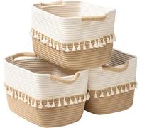 TeoKJ Lot de 3 paniers de rangement en corde de coton, pour ranger et ranger vos vêtements, organiseur d'armoire, panier de rangement en tissu pour livres, blanc et kaki