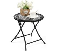 TeoKJ Petite table d'appoint pliante d'extérieur anti-rouille ronde en métal avec découpes de fleurs pour porche, cour, balcon, terrasse, pelouse, noire