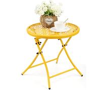 TeoKJ Table d'appoint pliante d'extérieur - Anti-rouille - Petite table ronde en métal avec découpes florales pour porche, cour, balcon, terrasse, pelouse, jaune