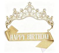 teokyat Couronne d'anniversaire pour fille avec écharpe, diadème en strass doré et écharpe Happy Birthday pour femme/femme, accessoires de décoration de fête élégants et décoration d'anniversaire