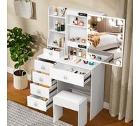 Teousev Coiffeuse avec Miroir et Tabouret, Table De Maquillage avec Lumières, Luminosité Réglable, Coiffeuse avec 6 Tiroirs et 6 Étagères, Commode Moderne, Blanc, 80X36X131cm, JR391216