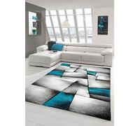 Teppich-Traum Salon Designer Tapis Contemporain à Poils avec des Diamants Contour de Coupe Motif Turquoise Gris Blanc Noir - Tapis 160x230 cm