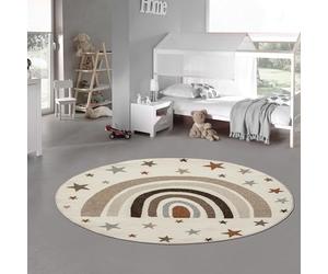 Teppich-Traum Tapis de Chambre d'enfant Salle de Jeux Entretien Facile Arc-en-Ciel étoiles Clair Robuste crème, 120 cm Rond