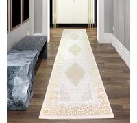 Teppich-Traum Tapis Séjour Chambre Couloir 100x300 cm Long Motif Court Orient élégant Ornements Effet Brillant Méandres crème Or