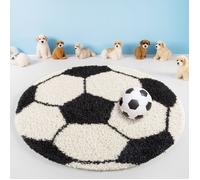 Teppium Tapis enfant rond noir blanc forme football tapis à poils longs pour chambre d'enfant taille 120 cm rond