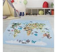 Teppium Tapis pour Enfants avec Carte du Monde et Animaux, Lavable, pour garçons et Filles, adapté pour Chambre d'enfant Taille: 160 x 230 cm, Couleur: Bleu-3