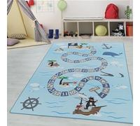Teppium Tapis pour Enfants, Tapis d'apprentissage avec Chiffres et Motif Pirate, Lavable, pour garçons et Filles, pour Chambre d'enfant, Chambre de bébé Taille: 140 x 200 cm, Couleur: Bleu-2