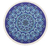 Terafeels Petit tapis rond lavable bleu - Tapis bohème de 3 pieds avec pompons, motif mandala, antidérapant, pour entrée, cuisine, salon, chambre à coucher