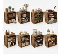 Teramico Caisses en Bois Massif légèrement brûlé avec étagère intermédiaire vissée, Objets de décoration Vintage, pour Ranger Chaussures, Livres Lot de 8 Longueurs