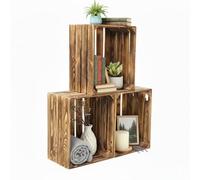 teramico Lot de 3 caisses en Bois flammé - Caisses à vin - Caisses à Fruits avec Planche Centrale/étagère intermédiaire - Étagère à Chaussures (Lot de 3/50cm, sans étagère)