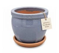 Teramico Pot de fleurs avec sous-pot en céramique (Bleu-Gris antique 2) | Pot de fleurs en grès Teramico fait à la main avec assiette assortie. Résistant au gel, élégant et idéal pour l'intérieur.