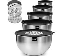 Terlulu Lot de 5 saladiers en acier inoxydable avec couvercle, 4,7 l/2,8 l/1,9 l/1,4 l/0,6 l, pour cuisine/pâtisserie/rangement, empilables et passent au lave-vaisselle, avec râpe