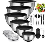 Terlulu Lot de 6 saladiers en acier inoxydable avec couvercle et fond en silicone, 3 embouts de râpe, 4,7 l/3,8 l/2,8 l/1,9 l/1,4 l/0,6 l, antidérapants et empilables, noirs