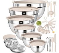 Terlulu Lot de 6 saladiers en acier inoxydable avec couvercle hermétique et fond en silicone, 3 embouts râpes, pour pâtisserie/servir, 6,6 l, 3,8 l, 2,4 l, 1,9 l, 1,4 l, 0,6 l, kaki