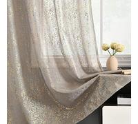 TERLYTEX Lot de 2 panneaux de voilages gris et dorés de 213,4 cm de long, voilages à paillettes en feuille d'or métallique pour salon, rideaux de fenêtre transparents avec passe-tringle, 132,1 x 213,4