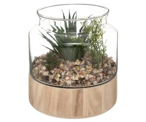 Terrarium Artificiel Plante Verte Plateau en Bois H 17,5 cm - Atmosphera