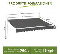 Terrasse - Tende à bras articulée manuelle - 2,5 x 3 m - Avec manivelle, fixation murale - Inclinaison de 52 à 75° - Protection UPF 50+, déperlant - Gris