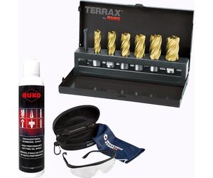 TERRAX by RUKO Jeu de forets carrés HSS-TiN avec queue Weldon (3/4"), rectifiés CBN, 7 pièces, avec spray et lunettes de protection - WZSA108820T