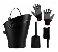 TERRE JARDIN Seau à Cendres 7 L, 4 Pièces pour Cheminée et Poêle à Bois | Kit en fer peint avec pelle, brosse en chêne et gants pour nettoyage des cendres de cheminée, insert et poêle à bois