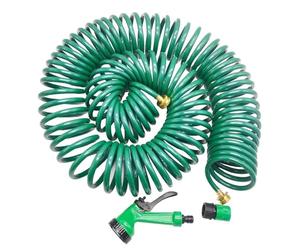 TERRE JARDIN - Tuyau d'arrosage Spirale 25 M - Flexible léger et résistant - Raccord Ø 19 mm - Pistolet 5 Jets pour maîtrise du débit - Plastique et Laiton - Coloris Vert