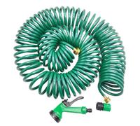TERRE JARDIN Tuyau d'arrosage Spirale Extensible 25 m, Plastique et Laiton | Tuyau spirale extensible 25 m, léger (1,2 kg), poignée multijet 5 positions, raccords laiton, retour automatique à sa forme