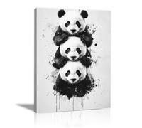 TERUEA Impression sur toile représentant des animaux, Trois pandas empilés tache encre portrait décoration murale amusante pour la maison, affiche rustique(Noir)-70x100cm Encadrée