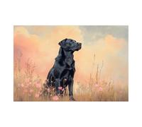 TERUEA Peintures colorées d'animaux sauvages, Labrador noir dans prairie fleurs coucher soleil - Décoration murale - Impressions abstraites d'animaux pour le salon(Noir)-80x120cm Sans cadre